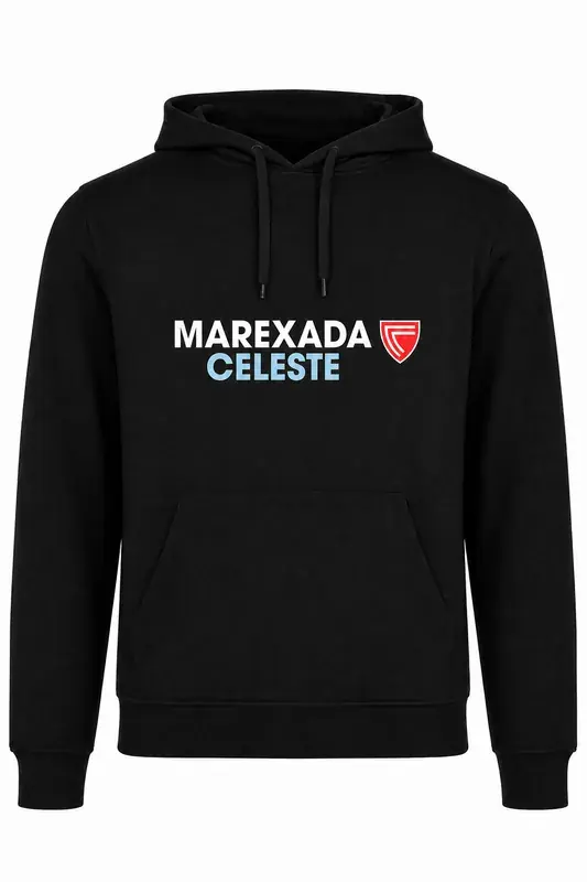 Sudadeira negra con capucha e logo Marexada Celeste